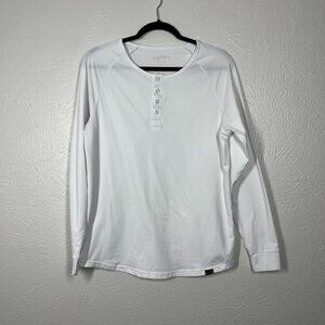 Barbell Apparel White Henley Long Sleeve Curved Hemline Shirt